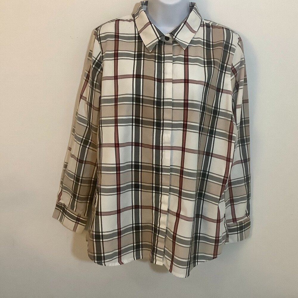 JG Hook Button Blouse Long Sleeve White Gray Plaid PL